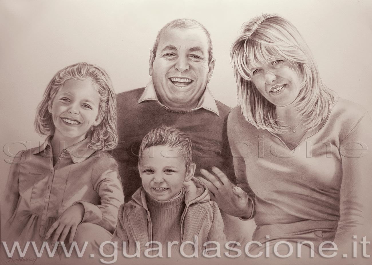 ritratto di gruppo di famiglia realizzato da foto ed eseguito con tecnica seppia