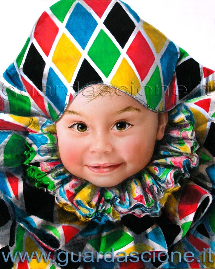 ritratto a olio di bambino in costume carnevalesco eseguito da una foto, Arlecchino