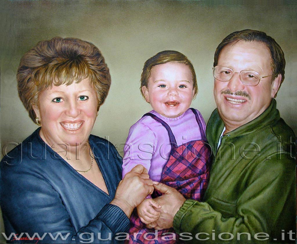 ritratto di famiglia a olio su tela eseguito da una foto e commissionato via mail