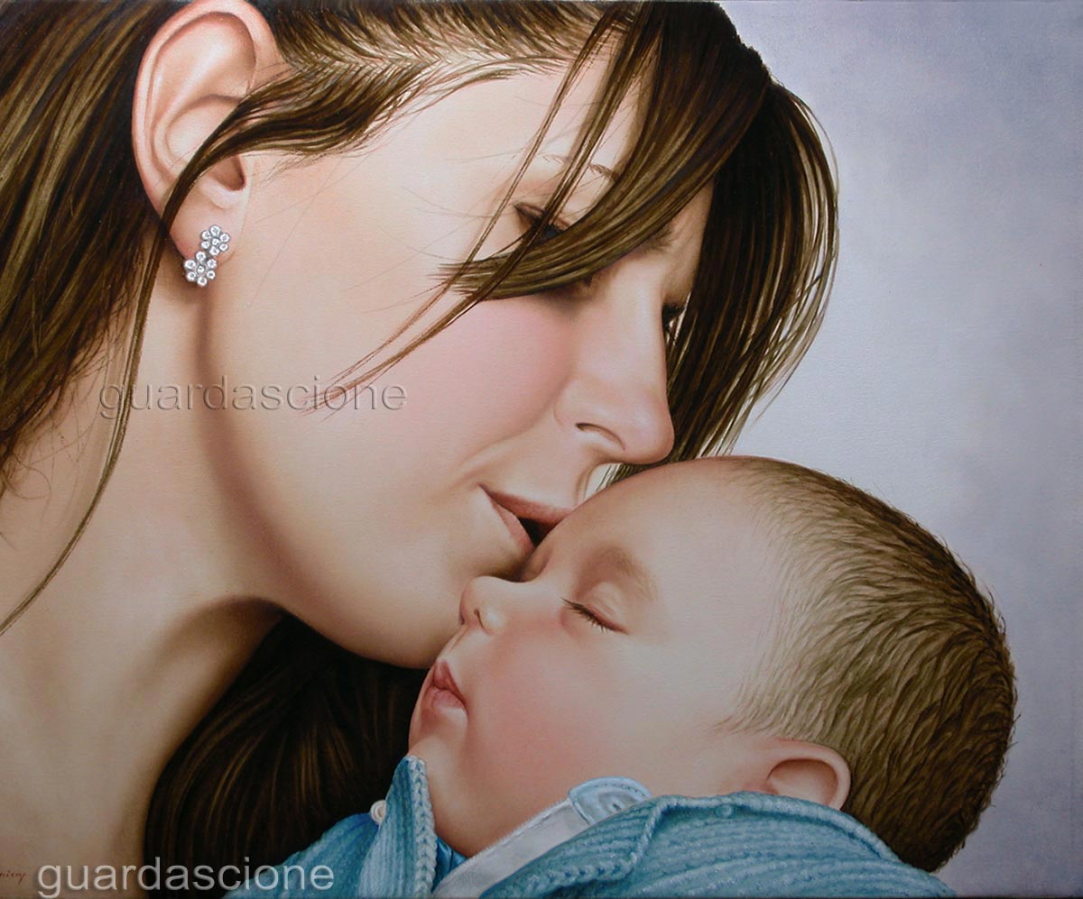 ritratto di mamma con neonato eseguito a olio su tela da foto realizzato su commissione dal ritrattista Guardascione