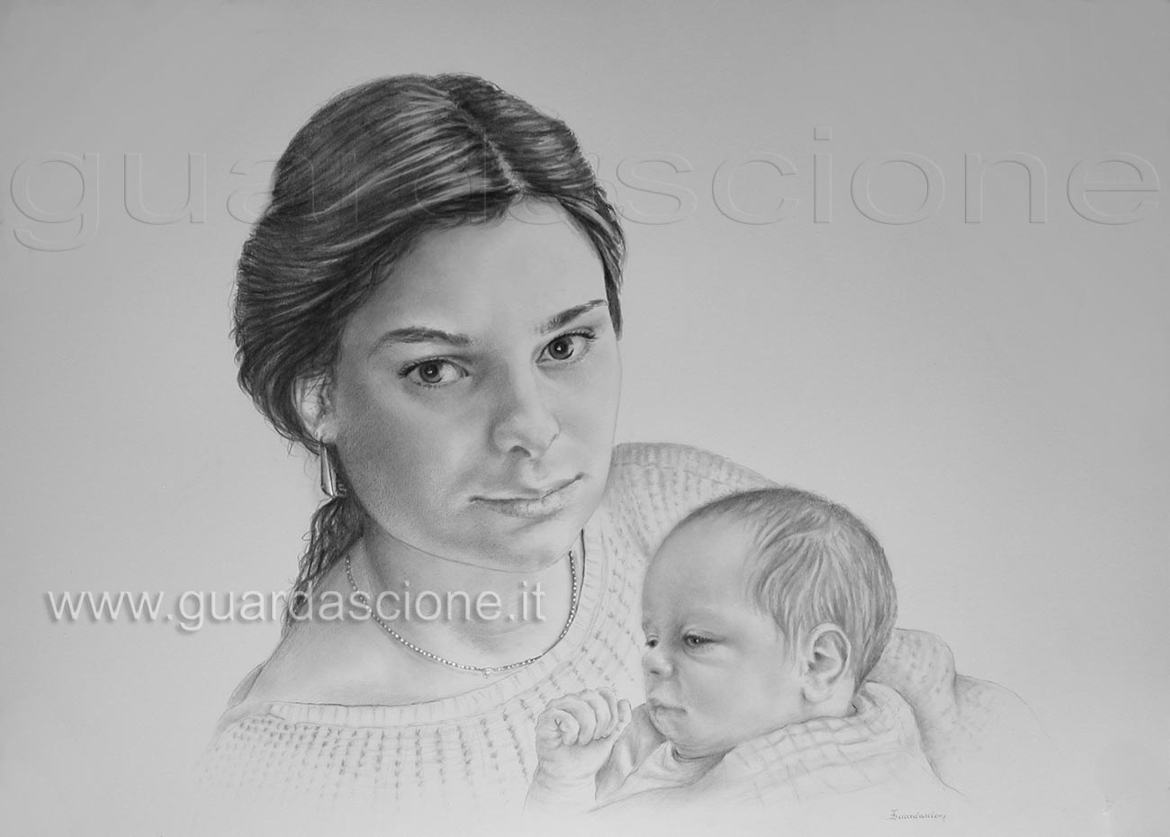 ritratto di bambino con la mamma eseguito a matita e realizzato su commissione e creato da una foto