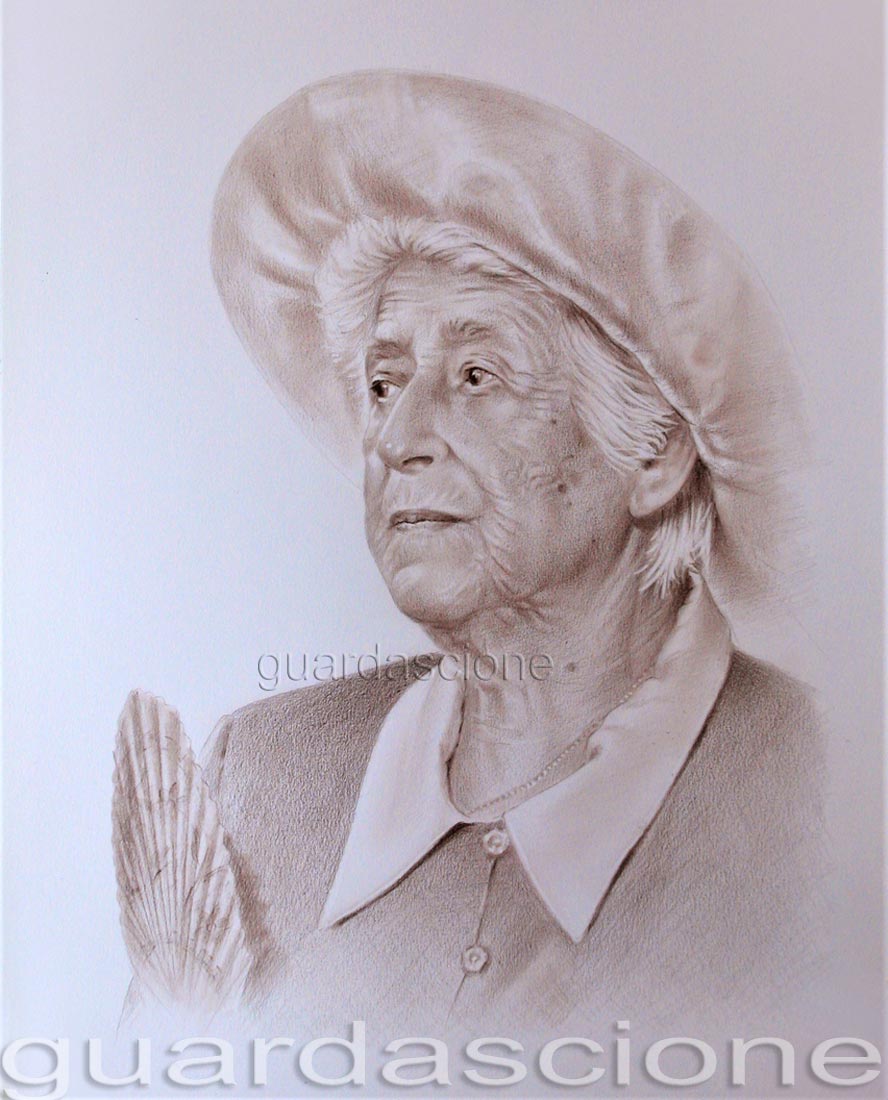 ritratto di signora anziana realizzato in seppia eseguito da una foto